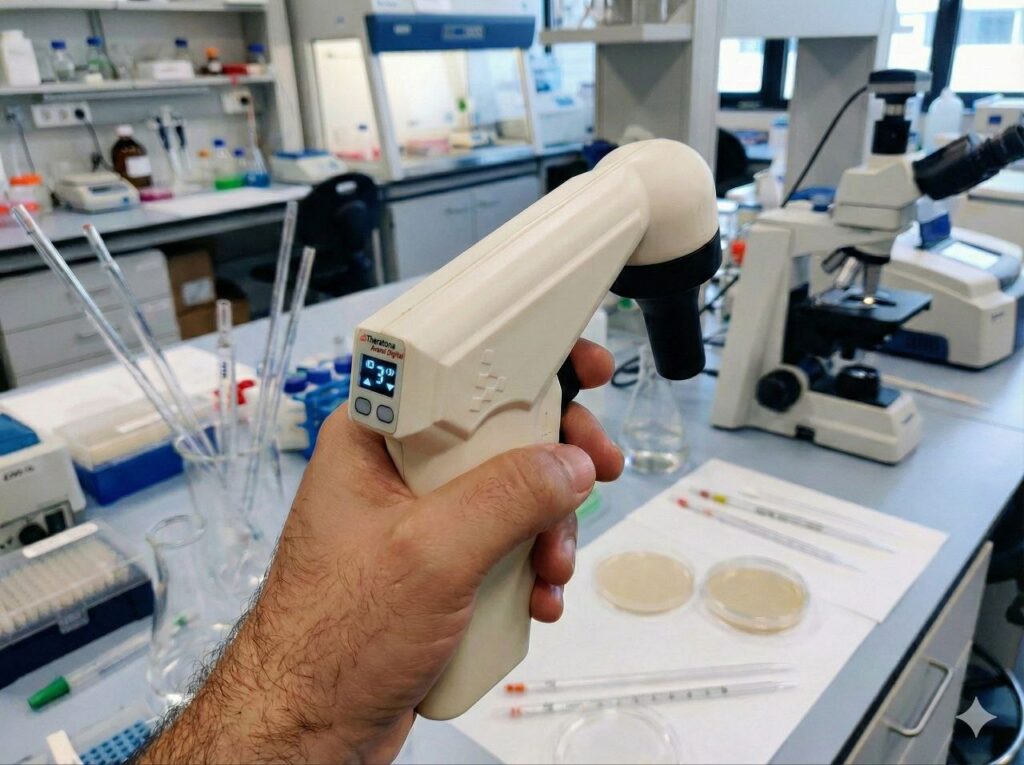 پیپت پرکن ثراتونا آوند دیجیتال در دست محقق