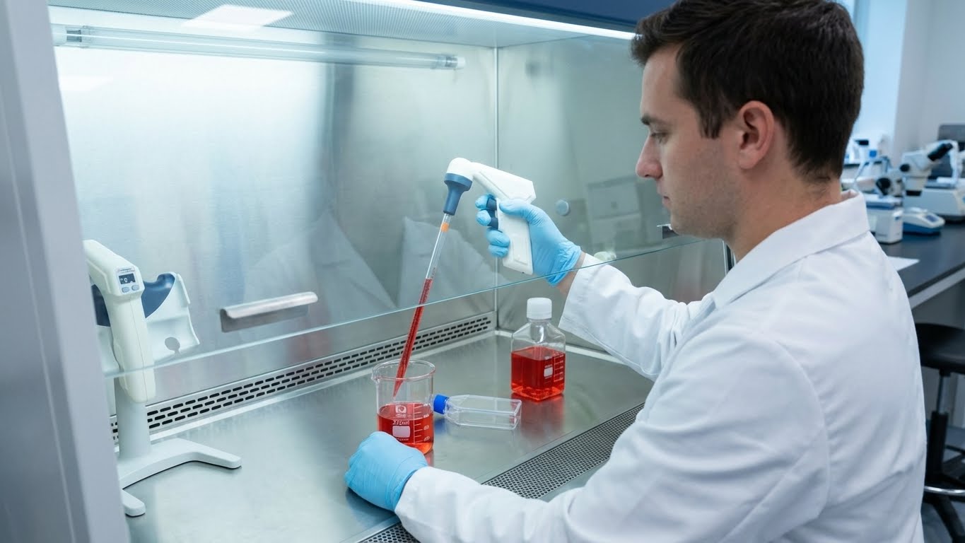 محقق در حال کار با پیپت پرکن ثراتونا مدل دیجیتال